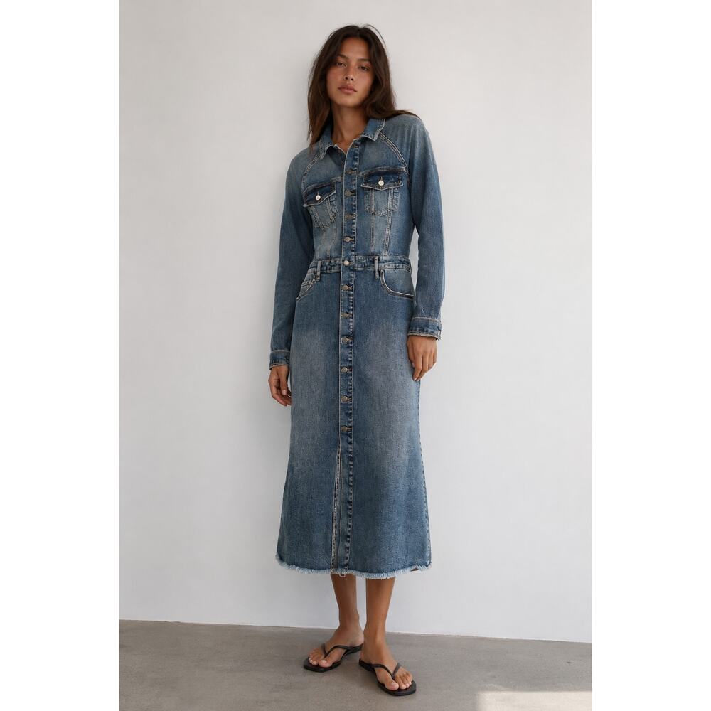 Wash Lab Denim Midi Shirt Dress Blue Button Front Western Utility size Medium